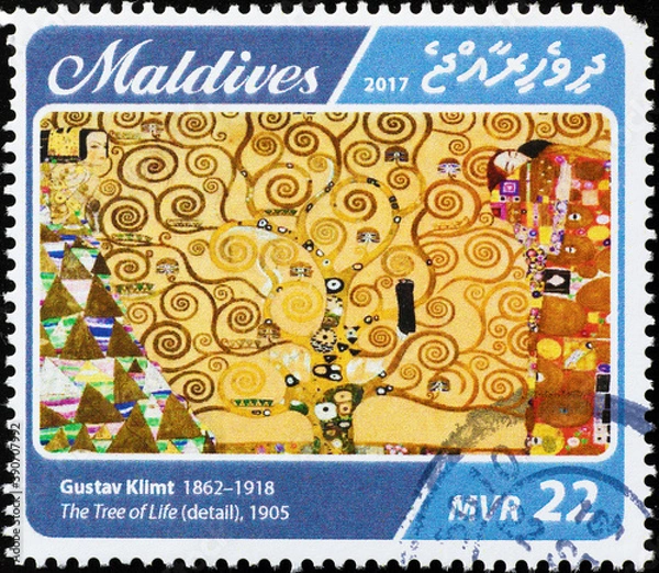 Fototapeta Detail of The tree of life by Klimt on stamp