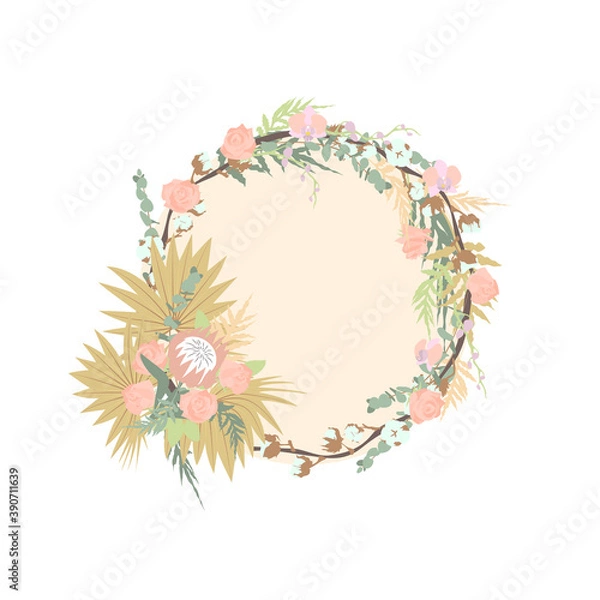 Fototapeta Elegant hand drawn pastel boho wedding wreath. Isolated on white background. Stock vector