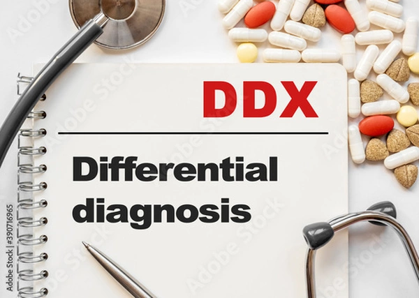Fototapeta Page in notebook with DDX Differential diagnosis on white background with stethoscope and group of pill. Medical concept. Term and abbreviation