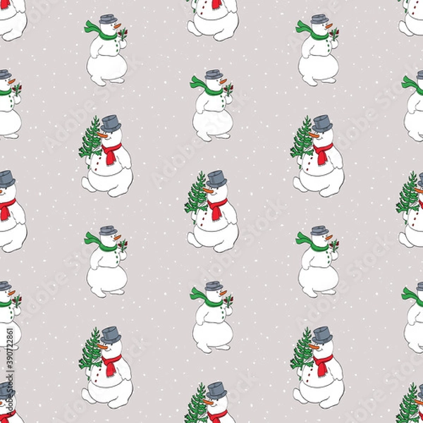 Fototapeta Seamless background with cartoon cheerful christmas snowmen