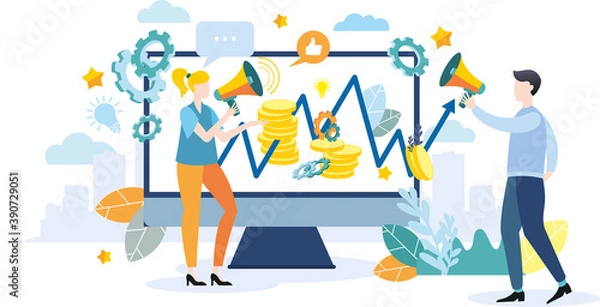 Obraz A person works with a schedule. A man with a megaphone explains the schedule. Achieving goal. Modern flat colorful vector illustration.