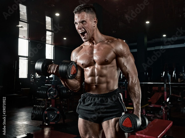 Fototapeta Bodybuilder with dumbbells, training, biceps