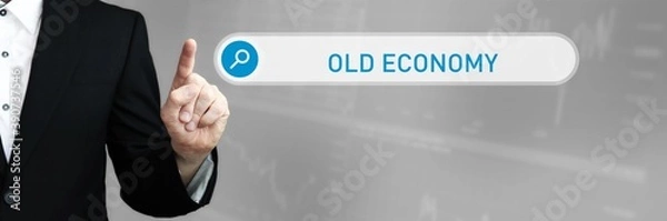 Fototapeta Old Economy. Man pointing with his finger at search box in internet browser. Word/Text (blue) in the search.