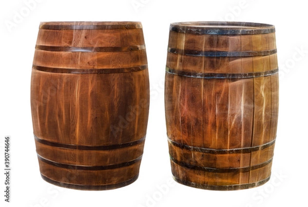 Fototapeta two dark brown oak barrels for storing and transporting alcohol on a white background