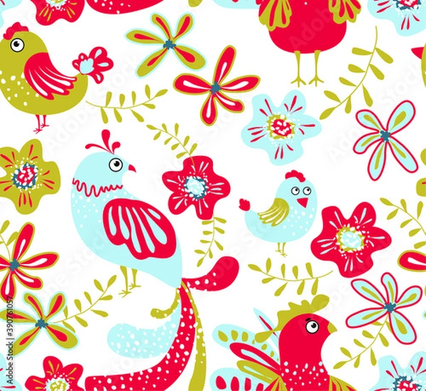 Obraz Vector illustration with plant leaves and birds in ethnic folk style. Hand drawn picture about a fairy tale. Seamless pattern for fabric and textile design