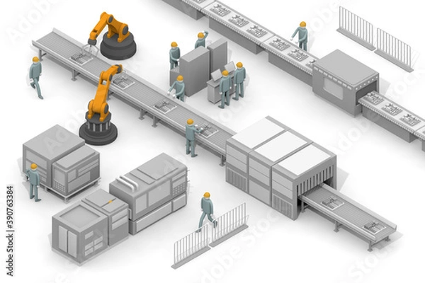 Fototapeta Introduce a robot. Increase productivity. A man working in a factory. Many employees.