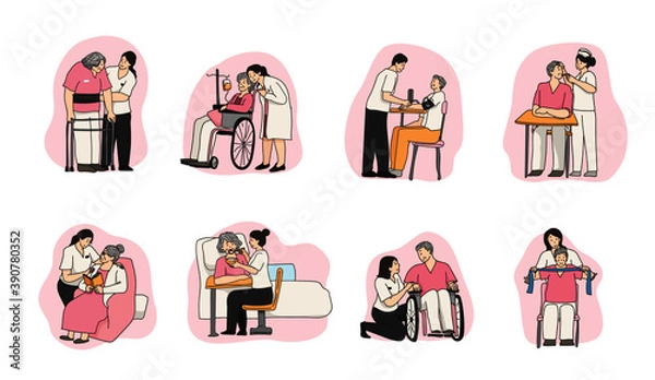 Obraz elderly care cartoon, doodle drawing style