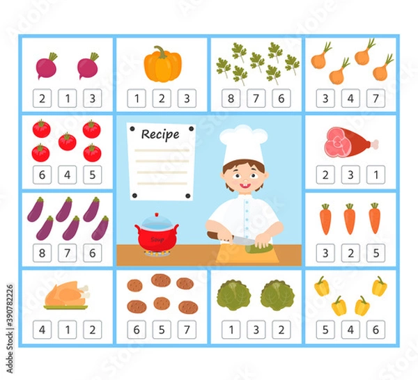 Fototapeta Math education for kids. Help the chef calculate the amount of vegetables. Preschool worksheet activity. Children funny riddle entertainment for the development of logical thinking