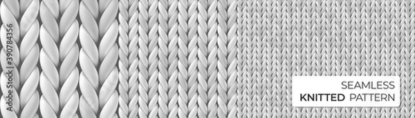 Fototapeta Gray realistic merino wool fabric. Seamless knitted detailed pattern. Vector illustration with closeup texture for wallpaper, background, web page backdrop, wrapping paper, winter design, postcard.