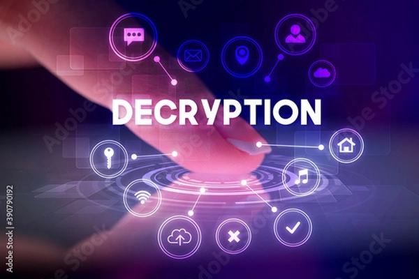 Fototapeta Finger touching tablet with web technology icons and DECRYPTION inscription, web technology concept