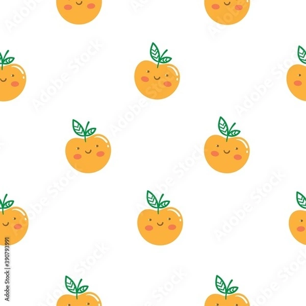 Fototapeta Seamless pattern with cute cartoon apples on  white background. Funny anthropomorphic fruits. Fruit vector print.