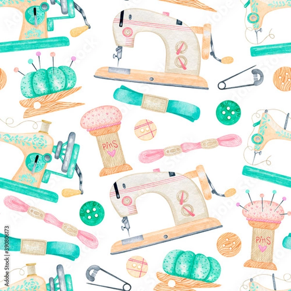Obraz Watercolor seamless sewing pattern with spool of thread, scissors, sewing machine, buttons. Fashion illustration with dressmaking objects set, profession clothier. Perfect for textile, wrapping paper