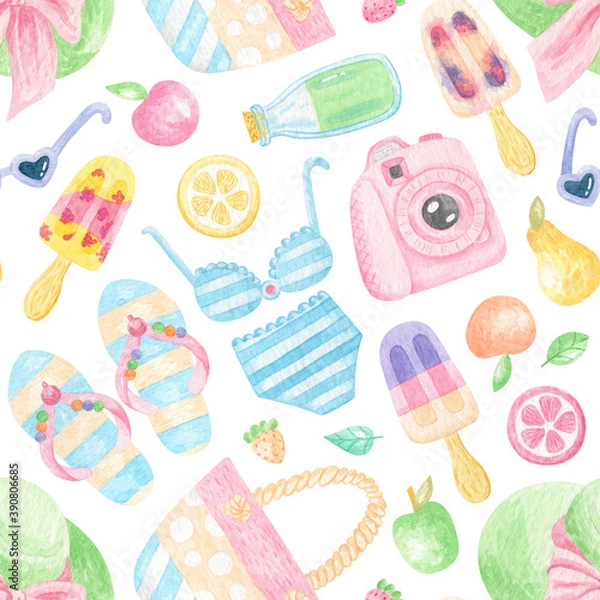 Obraz Watercolor Summer seamless pattern. Ice cream, sandals, swimsuit, hat, camera and other travel elements. Hello Summer pattern