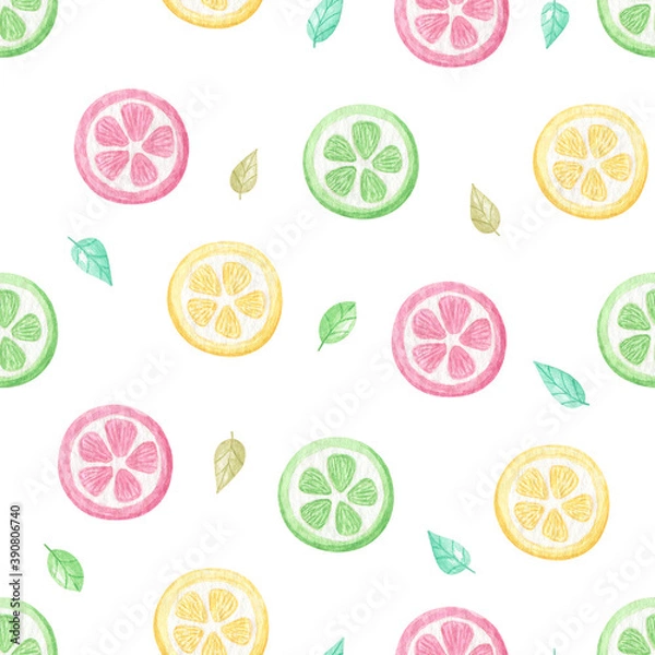 Obraz Watercolor Colorful summer seamless pattern with tropical citrus fruits. Summertime tropical travel illustration.