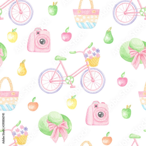 Obraz Watercolor Summer beach objects seamless pattern. Summertime tropical travel illustration.