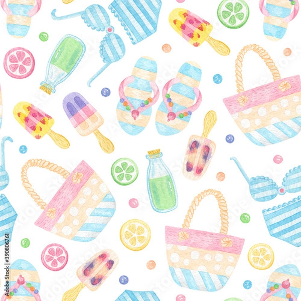 Obraz Watercolor Summer seamless pattern. Ice cream, bike, swimsuit, hat, sandals and other travel elements. Hello Summer pattern
