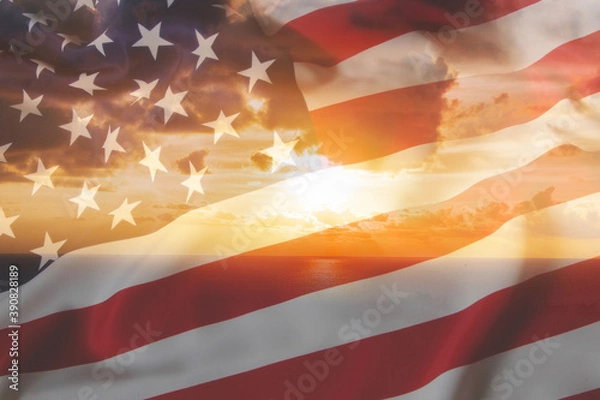 Fototapeta American transparent flag over the sunrise in the background, refer to the nation U.S.A. pride and freedom hope in business world abstract concept