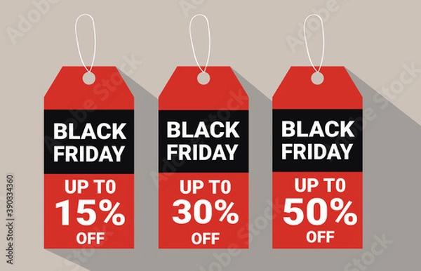 Fototapeta Black friday tags collection. Sale promotion and gift card vectors in different shapes.