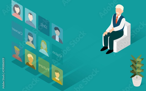 Fototapeta ウェブ面接で応募者の選考をするビジネスマン：アイソメトリック