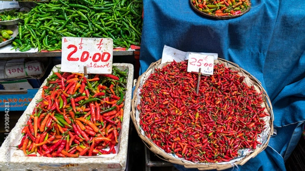 Obraz colorful red hot chilli on the market, stall, mauritius