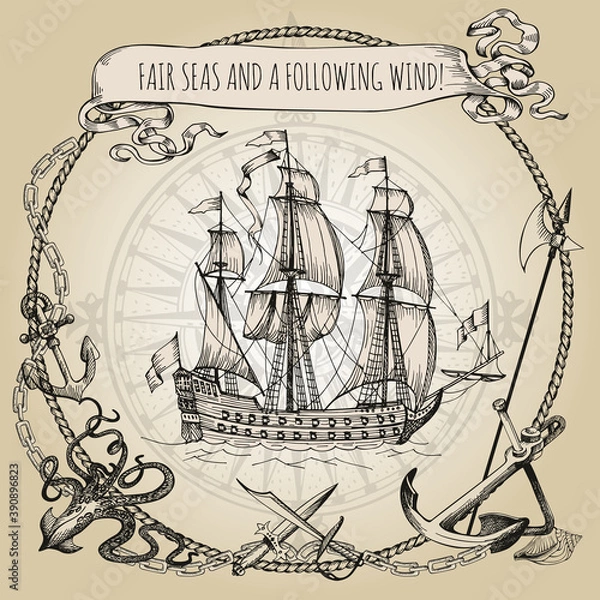 Obraz Image of an old sailing ship in a round frame made of ship ropes. Pirate background. Vintage border frame. Old caravel, vintage sailboat. Octopus, daggers, anchor, anchor chains