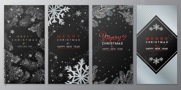 Fototapeta Christmas Poster set on black. Vector illustration of Christmas Background with branches of Christmas tree.