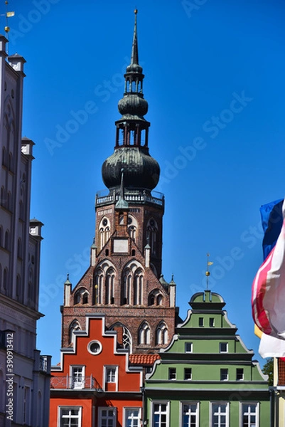 Fototapeta Kirche, Dom, St. Nikolai, Bauwerk, Architektur, Turm, Fassade, emporragen, barock, anreisen, Fremdenverkehr, Stadt, Greifswald, Mecklenburg-Vorpommern, Deutschland, Europa, Sommer, historisch, alt, Ge