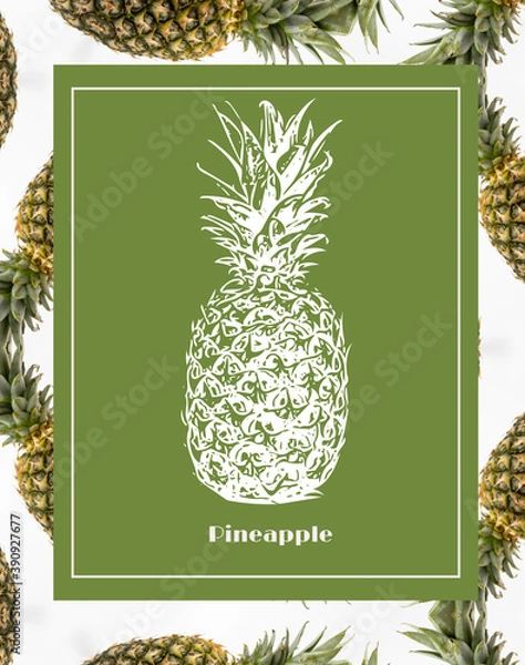 Fototapeta Pineapple illustration with real pineapples in background