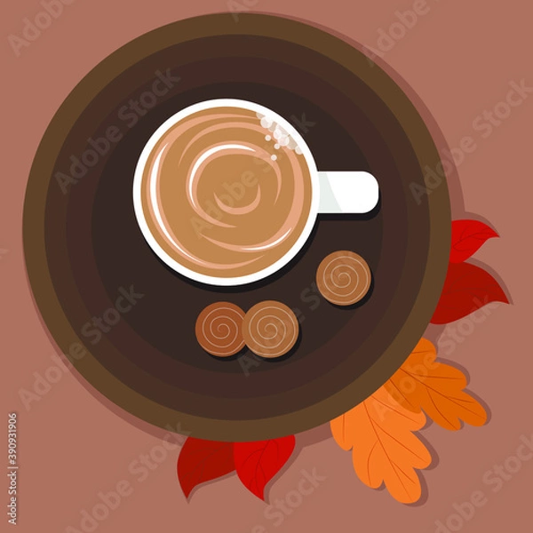 Obraz Cup of coffee with cookies on a brown background with autumn leaves