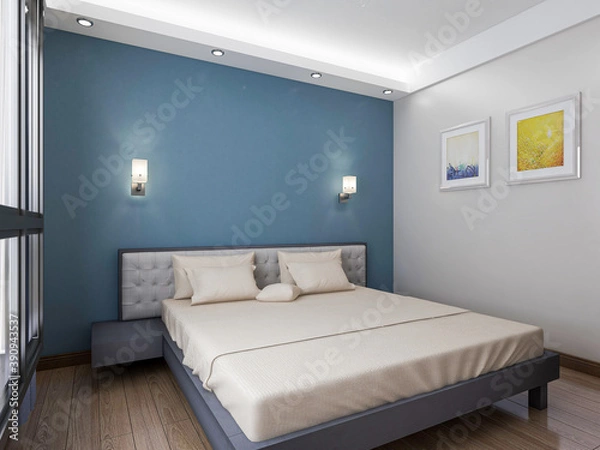 Fototapeta  elegant and modern bedroom design, big bed with overcoat cabinet, coffee table, TV, carpet, etc., very comfortable and leisure.
