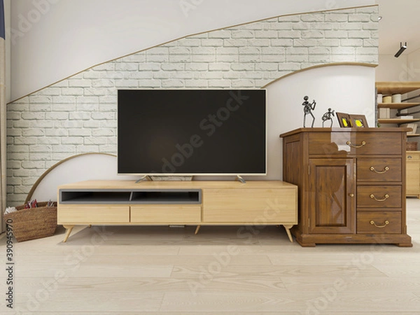 Fototapeta spacious living room design of modern residence, with sofa, tea table, decorative painting, etc