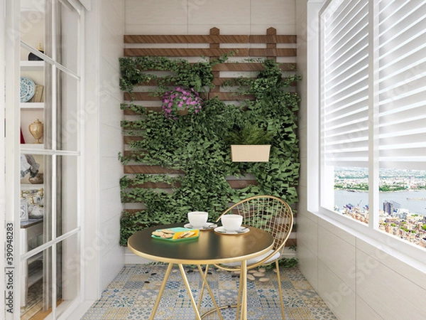 Fototapeta spacious and bright urban residential enclosed balcony design, green plants and household appliances look casual and comfortable)