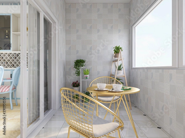 Fototapeta spacious and bright urban residential closed balcony design, green plants with wooden tables and chairs are leisure and comfortable.