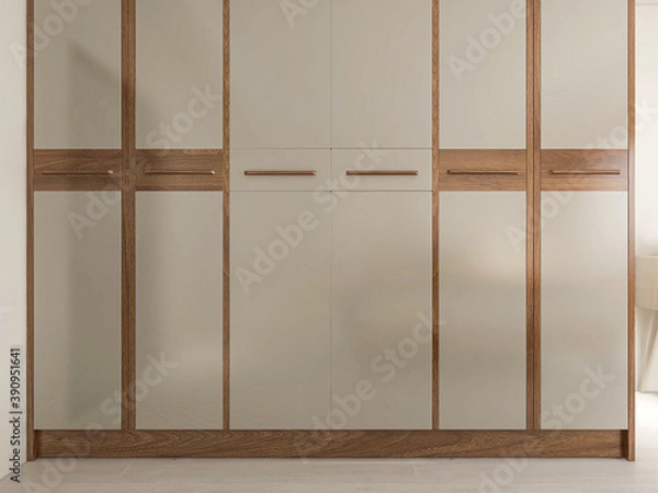 Fototapeta elegant and spacious bedroom design of modern apartment, overcoat cabinet beside the big bed, with dressing table and green plants)