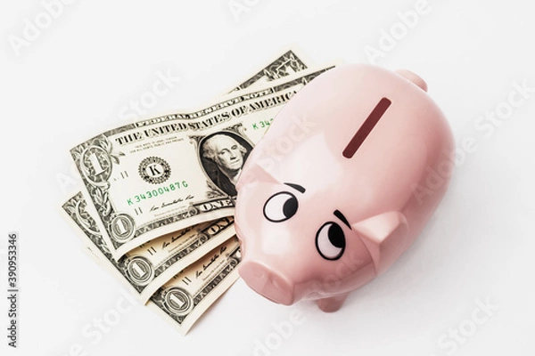 Fototapeta Pink Piggy Bank next to three dollars bill looking up and out of frame