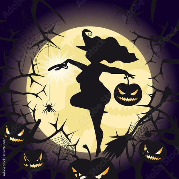 Obraz Silhouette of a witch with pumpkin and gift. Fuii moon, trees and pumpkins on the background. Vector illustration.