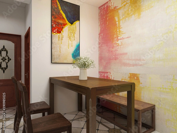 Fototapeta spacious dining room design next to the modern kitchen, with a beautiful dining table and greenery