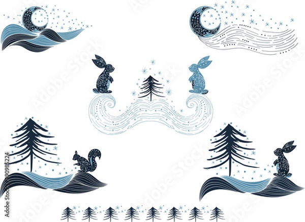 Fototapeta Winter wonderland clipart. Blue set of winter pre-made design with squirrel, hare, snow, tree, star, moon for decoration. Vector clipart, winter composition for greeting card, stationery, poster