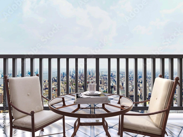 Fototapeta （3D rendering,The design of the outdoor balcony of the urban residence is equipped with flowers, leisure tables, chairs and other decorations.