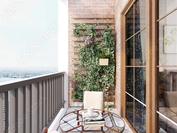 Fototapeta （3D rendering,The design of the outdoor balcony of the urban residence is equipped with flowers, leisure tables, chairs and other decorations.