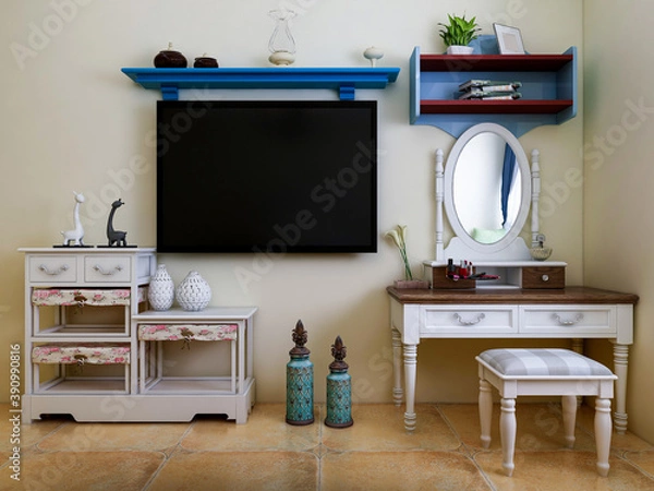 Fototapeta  elegant and spacious bedroom design of modern apartment, overcoat cabinet beside the big bed, with dressing table and green plants