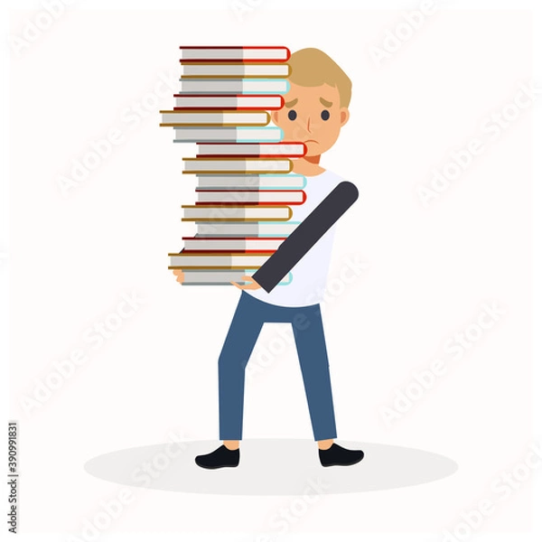 Fototapeta Vector Flat Cartoon character Illustration of A Boy carrying a Big Stack Of Books. The boy is sad because too much books to read. Education.