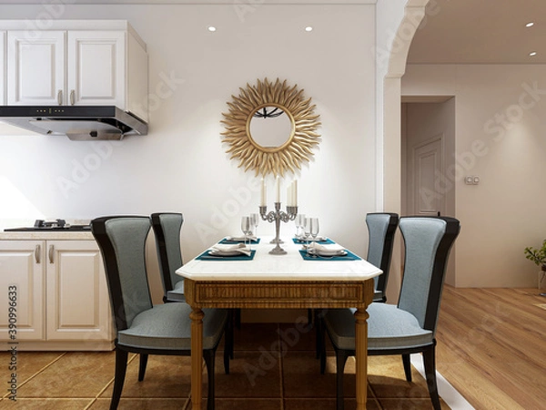 Fototapeta Clean and tidy dining room has wooden table and chair, very neat and clean