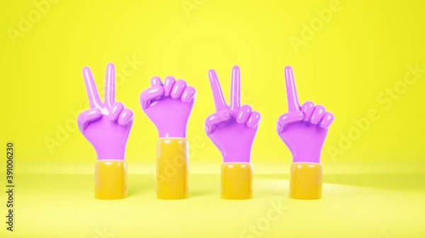 Fototapeta Pink hand symbol showing number 2021, abstract yellow background, Hand and finger sign concept, 3d illustration