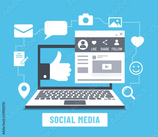 Fototapeta social media laptop color vector illustration on blue background. Laptop color flat illustration with icons and social media account web page. For business marketing design