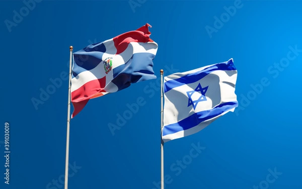 Fototapeta Beautiful national state flags of Israel and Dominican Republic together at the sky background. 3D artwork concept.
