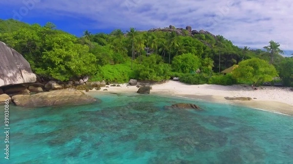 Fototapeta La Digue, Seychelles. Aerial view of amazing tropical beach on a sunny day