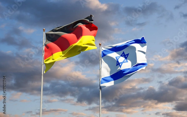 Fototapeta Beautiful national state flags of Germany and Israel together at the sky background. 3D artwork concept.