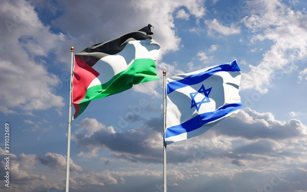 Fototapeta Beautiful national state flags of Palestine and Israel together at the sky background. 3D artwork concept.