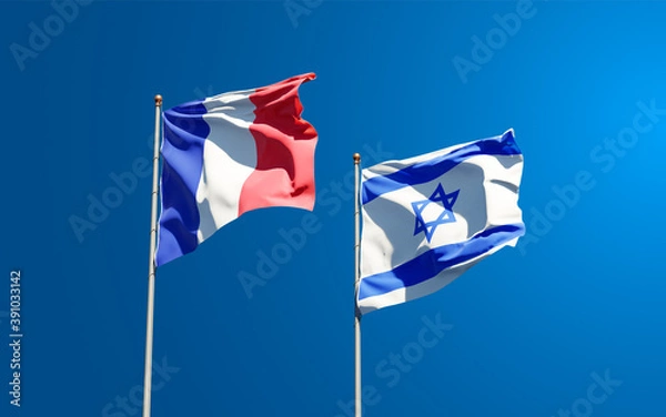 Fototapeta Beautiful national state flags of France and Israel together at the sky background. 3D artwork concept.